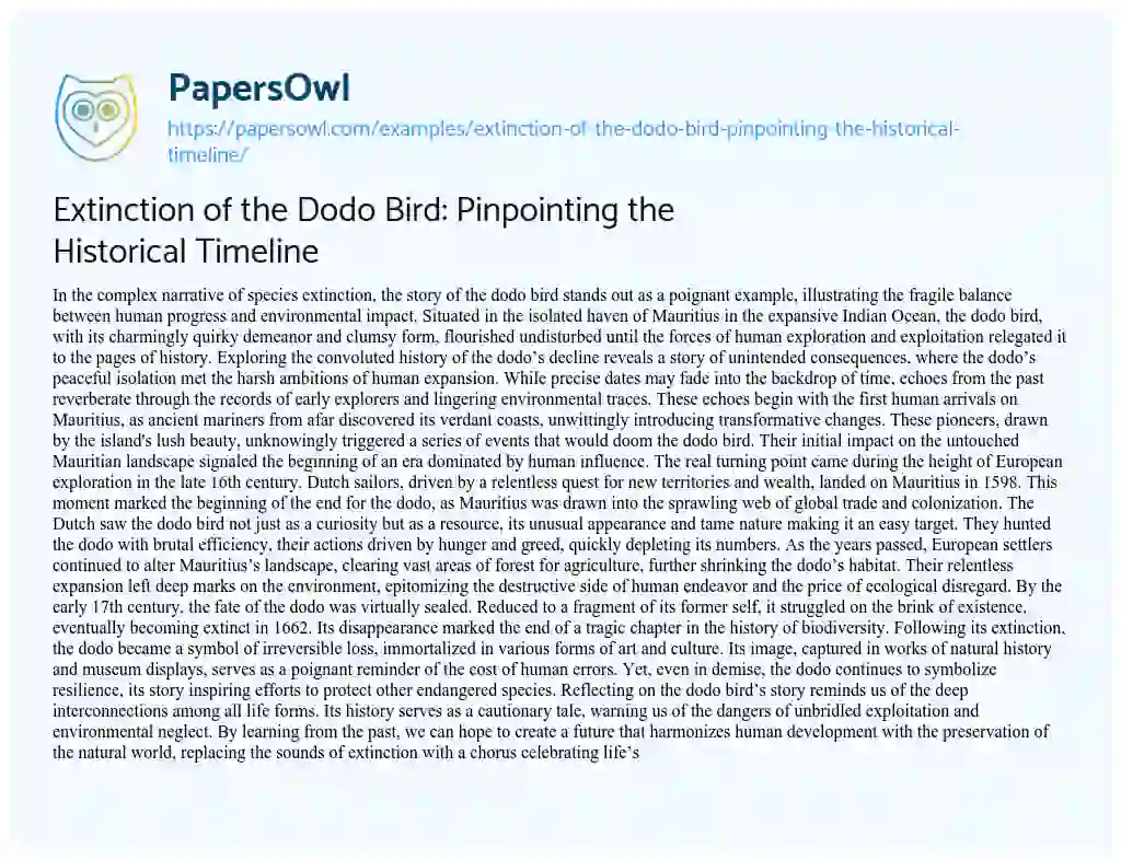 Essay on Extinction of the Dodo Bird: Pinpointing the Historical Timeline