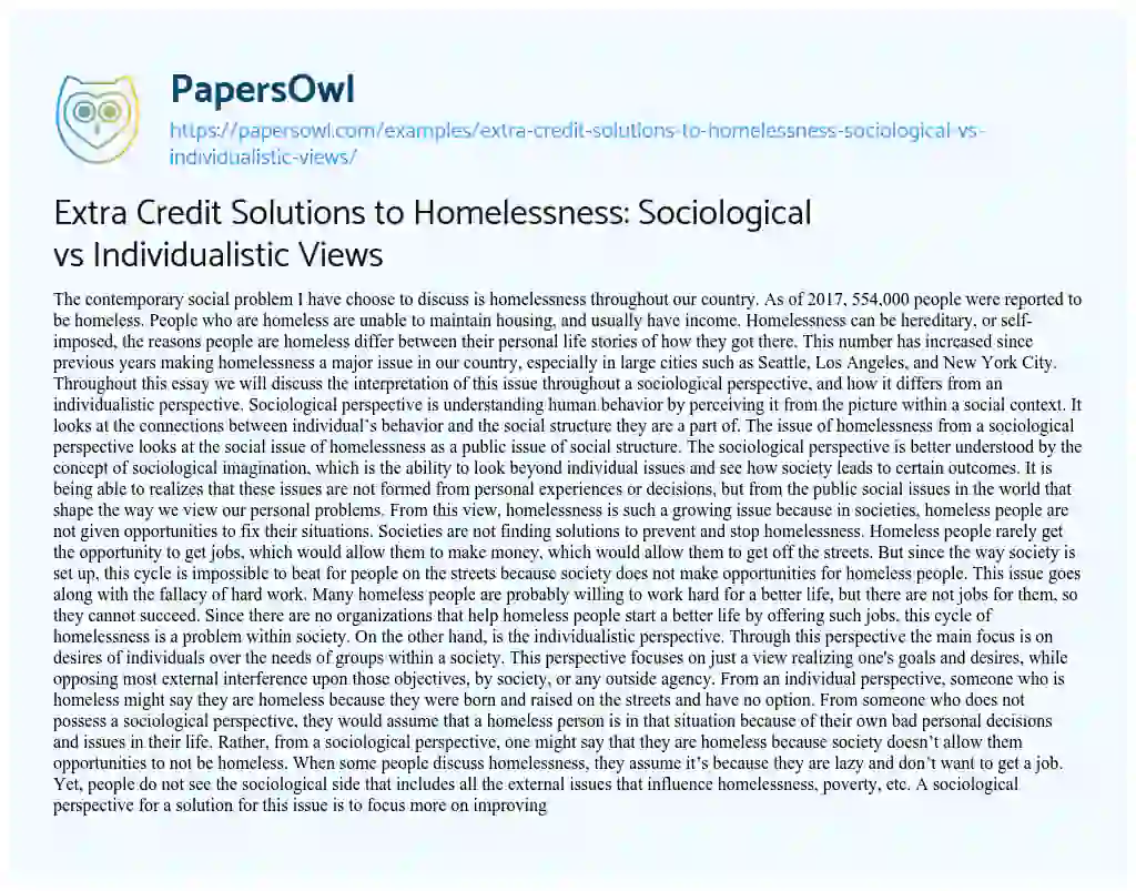 Essay on Extra Credit Solutions to Homelessness: Sociological Vs Individualistic Views