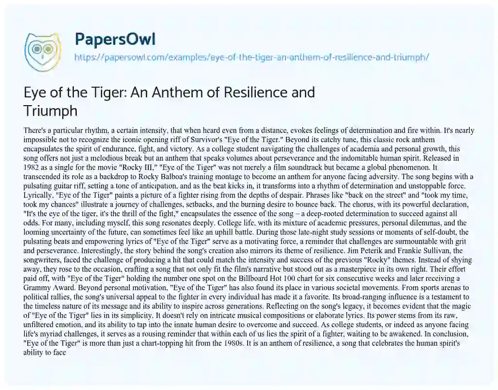 Essay on Eye of the Tiger: an Anthem of Resilience and Triumph