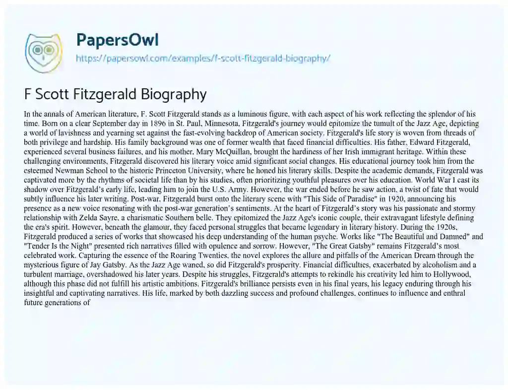 Essay on F Scott Fitzgerald Biography
