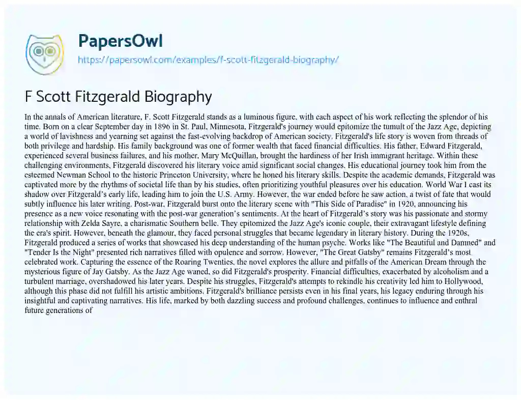 F Scott Fitzgerald Biography - Free Essay Example - 435 Words ...