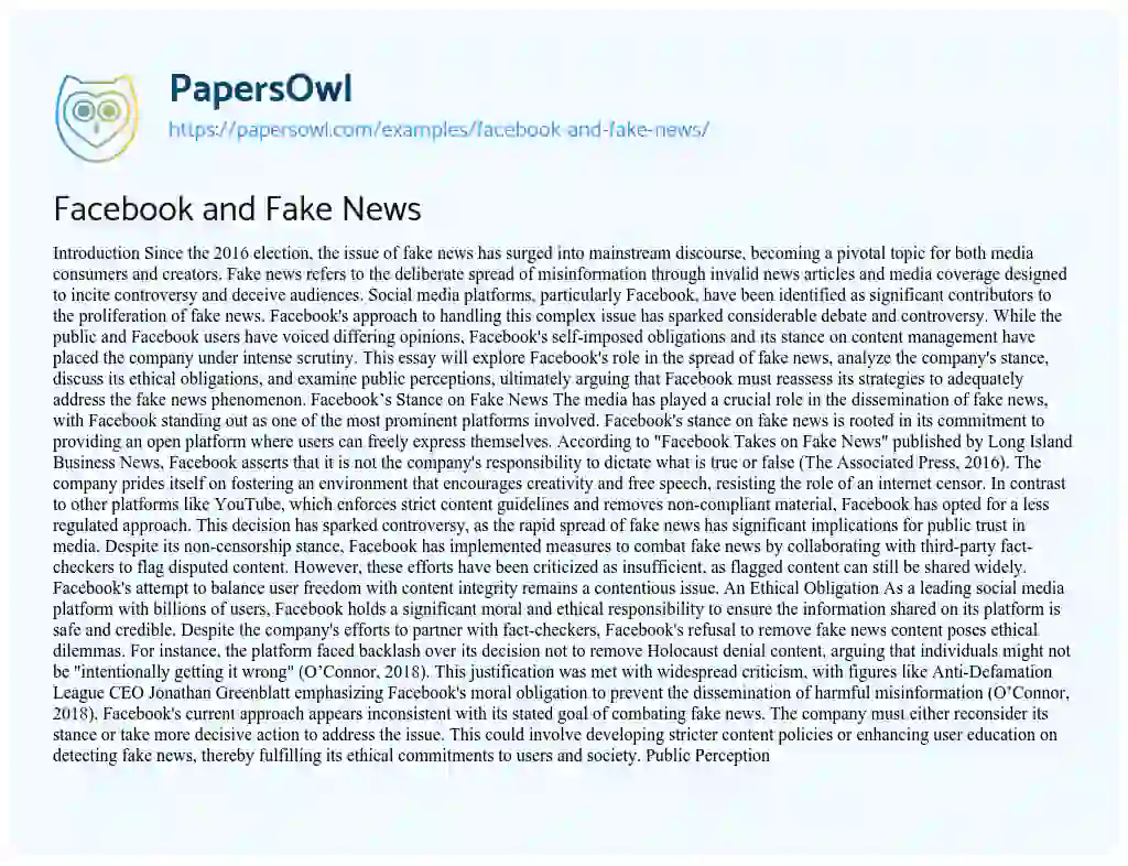 Essay on Facebook and Fake News