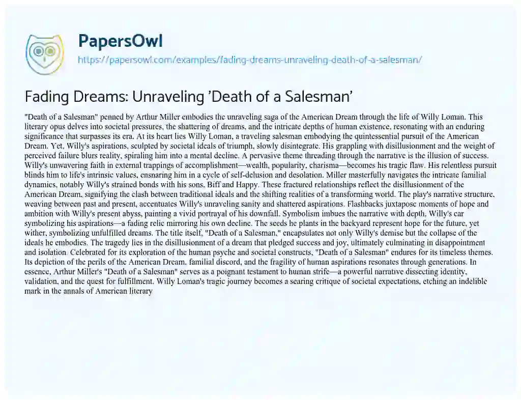 Essay on Fading Dreams: Unraveling ‘Death of a Salesman’