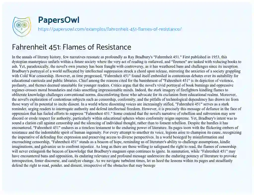 Essay on Fahrenheit 451: Flames of Resistance