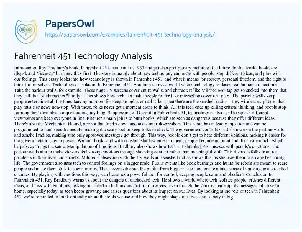 Essay on Fahrenheit 451 Technology Analysis