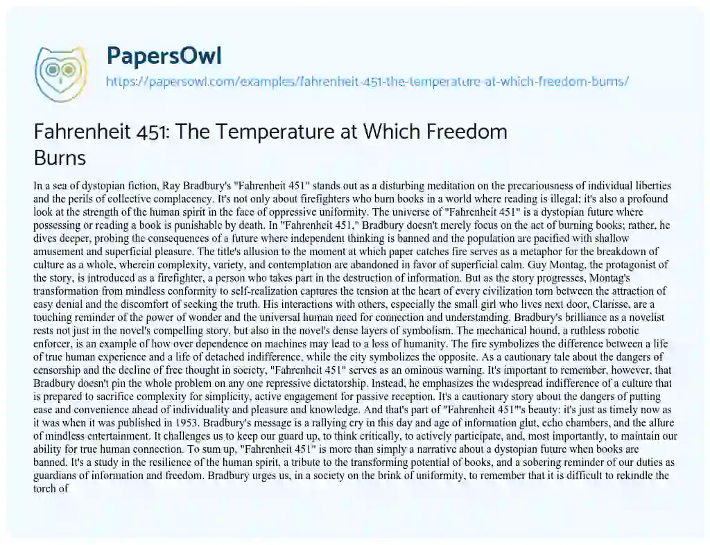 Essay on Fahrenheit 451: the Temperature at which Freedom Burns