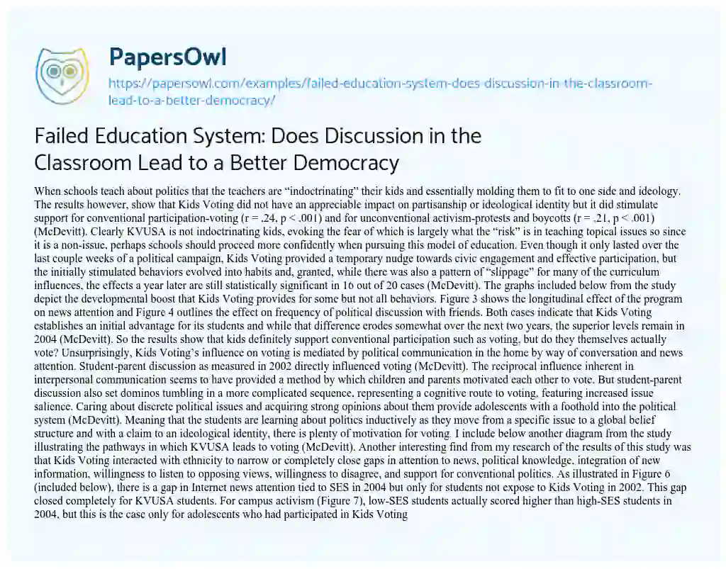 Failed Education System: does Discussion in the Classroom Lead to a Better Democracy essay