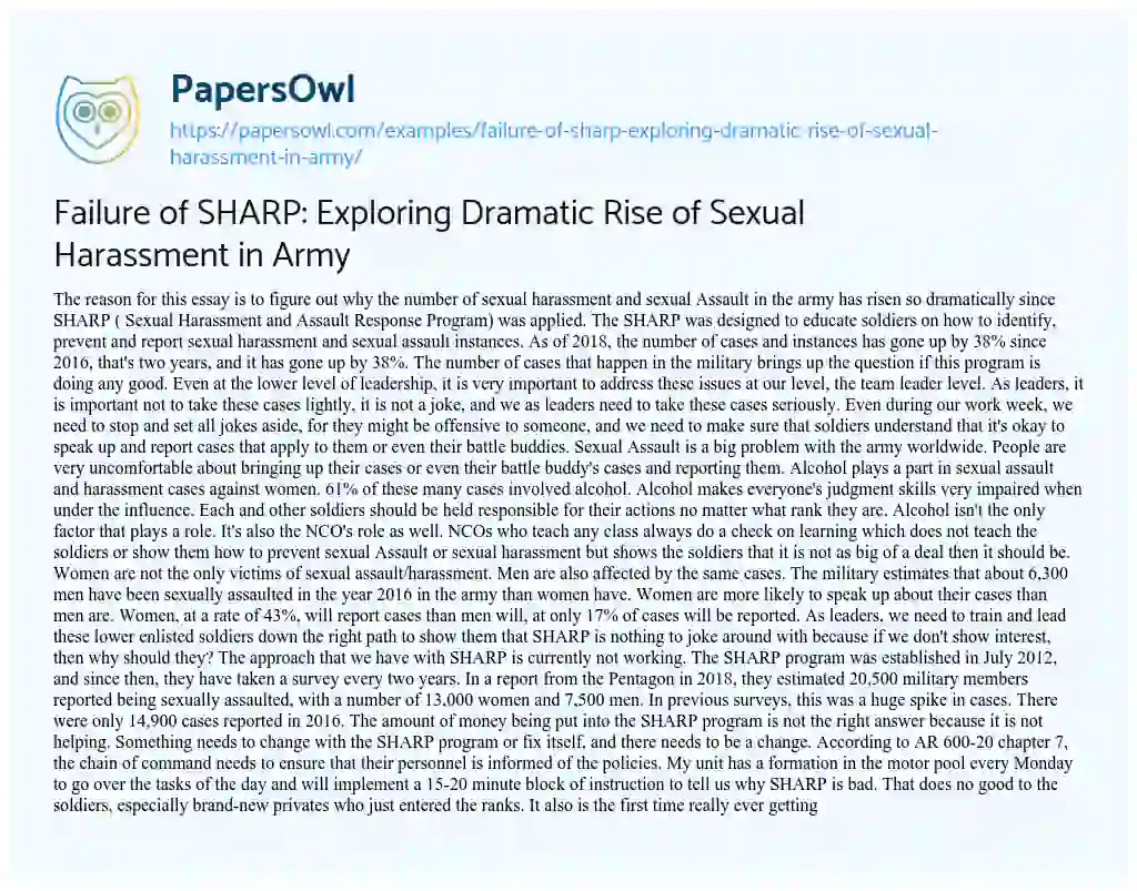 Failure of SHARP: Exploring Dramatic Rise of Sexual Harassment in Army essay