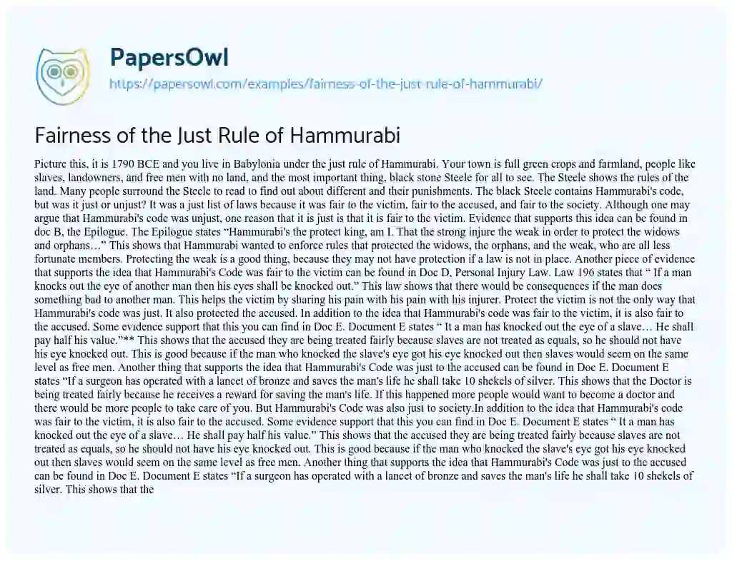 Fairness of the Just Rule of Hammurabi essay