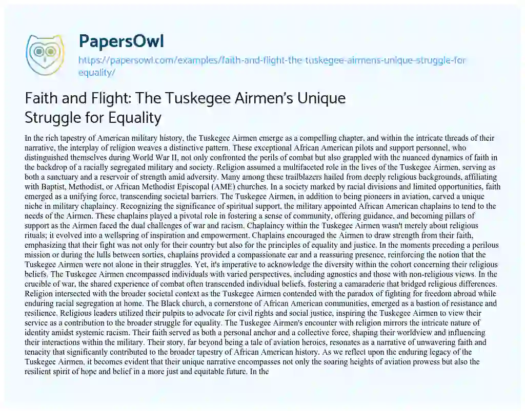 Essay on Faith and Flight: the Tuskegee Airmen’s Unique Struggle for Equality