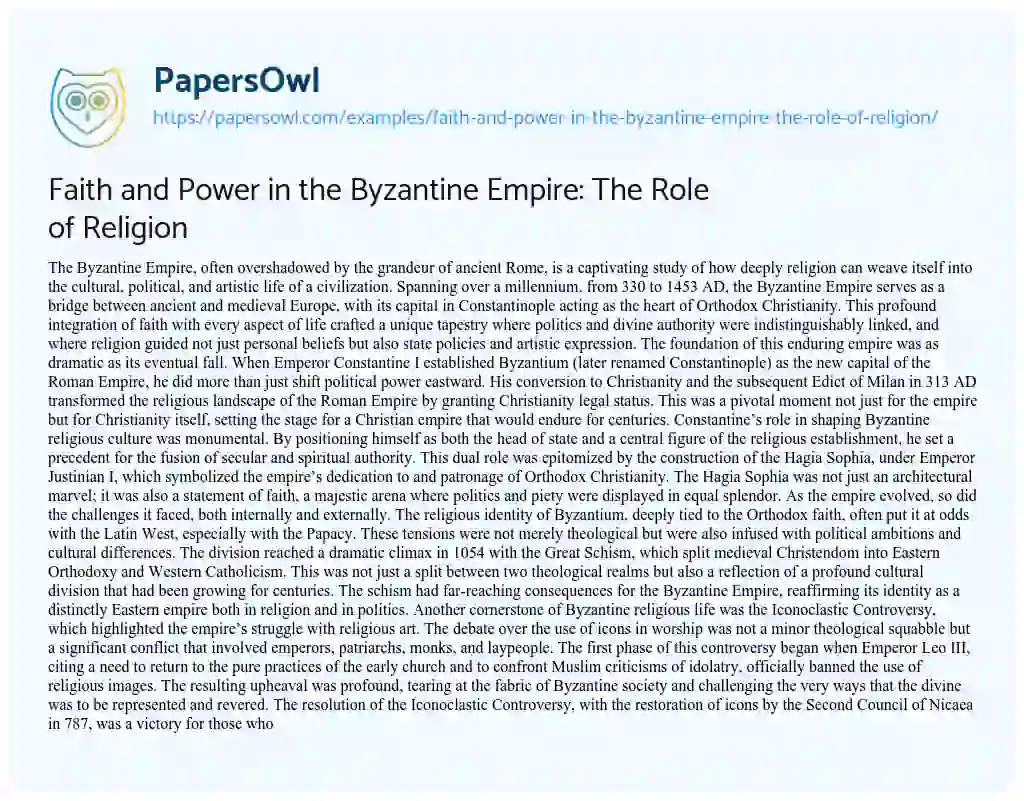 Essay on Faith and Power in the Byzantine Empire: the Role of Religion
