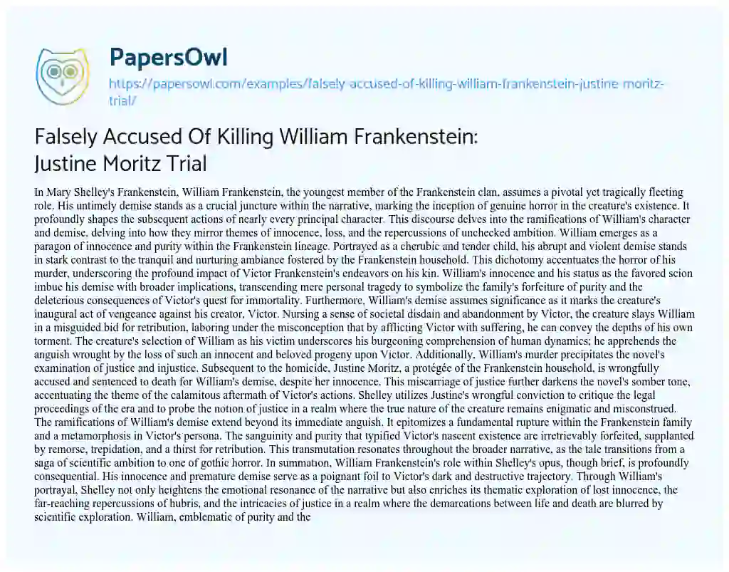 Essay on Falsely Accused of Killing William Frankenstein: Justine Moritz Trial