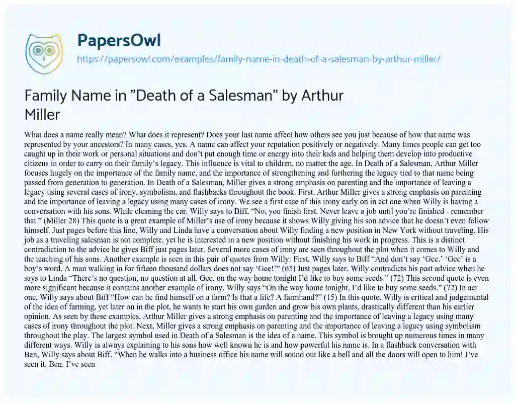 Essay on Family Name in “Death of a Salesman” by Arthur Miller