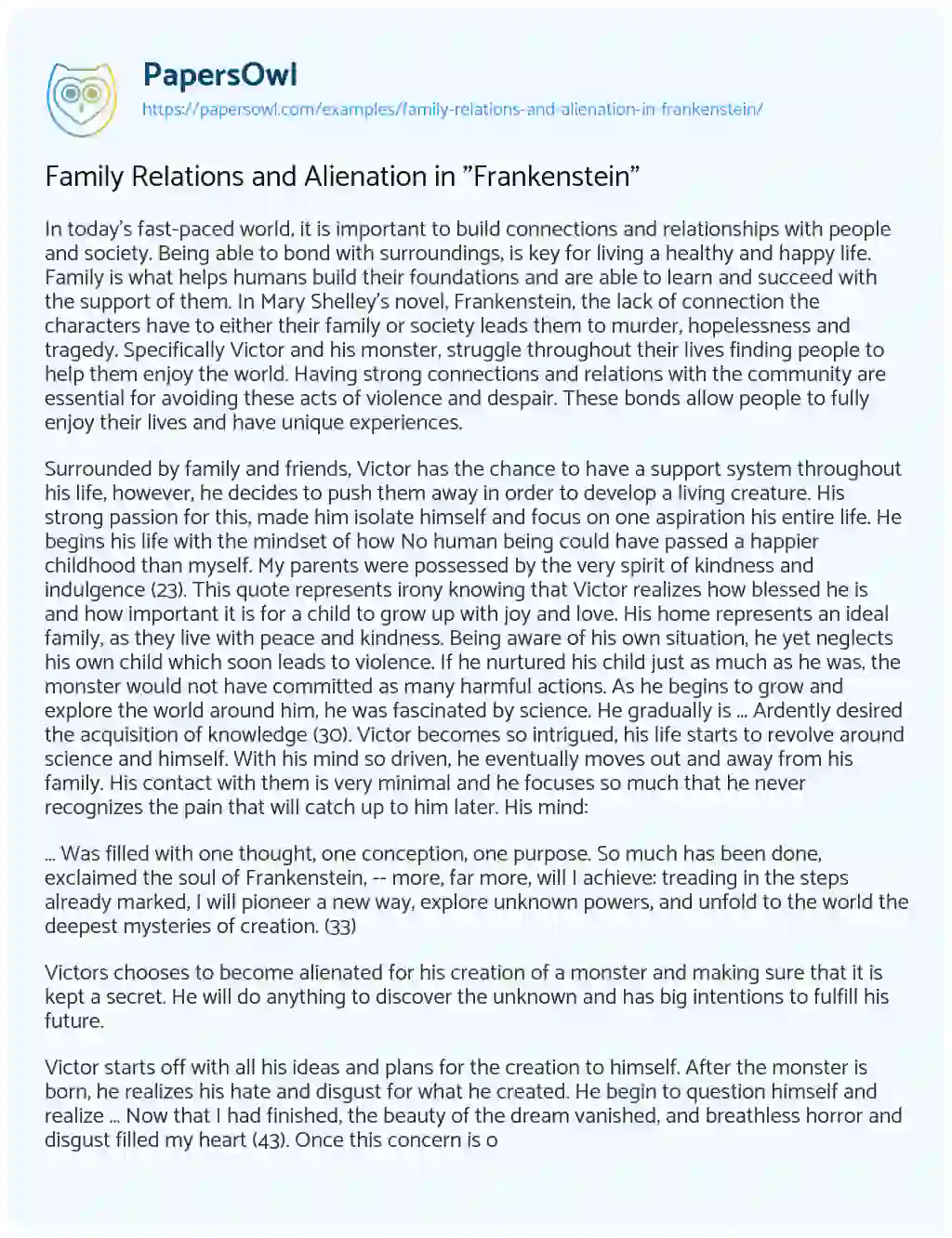 Family Relations and Alienation in “Frankenstein” essay