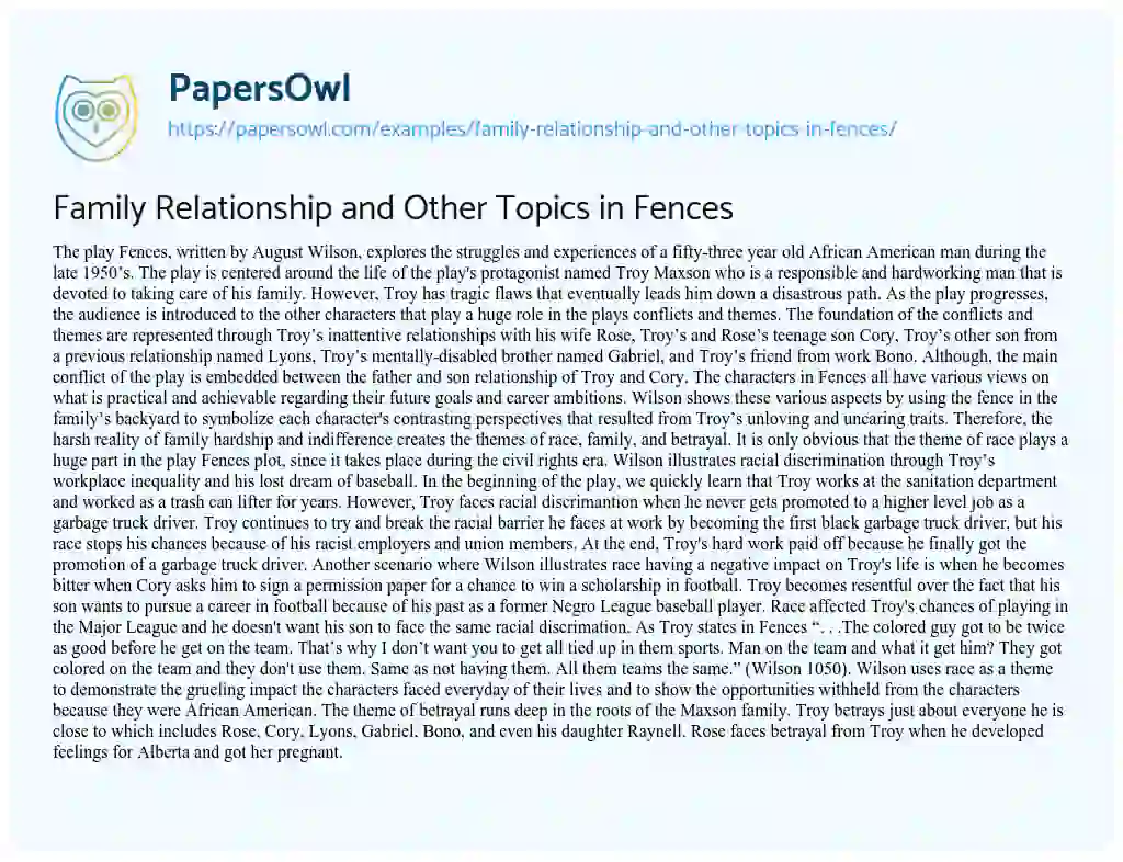 Essay on Family Relationship and other Topics in Fences