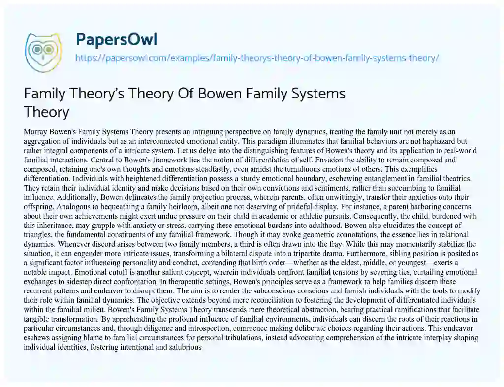 Essay on Family Theory’s Theory of Bowen Family Systems Theory