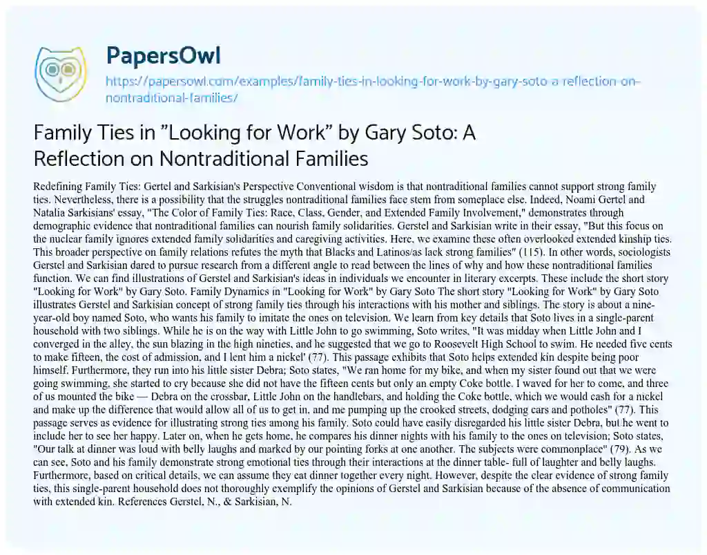 Essay on Family Ties in “Looking for Work” by Gary Soto: a Reflection on Nontraditional Families
