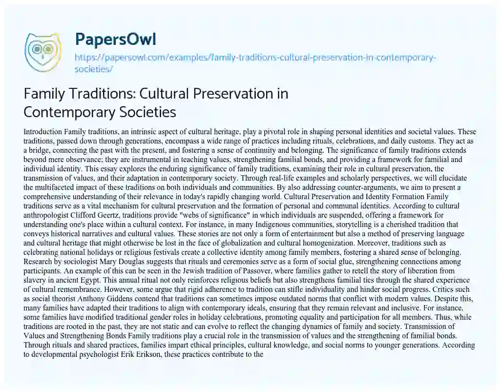 Essay on Family Traditions: Cultural Preservation in Contemporary Societies