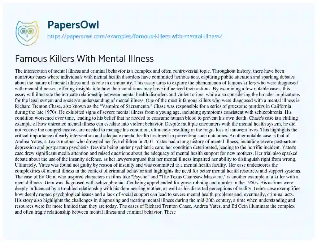 Essay on Famous Killers With Mental Illness
