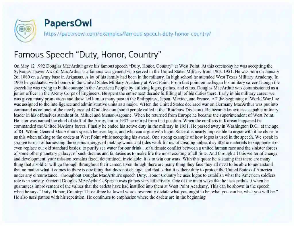 Essay on Famous Speech “Duty, Honor, Country”