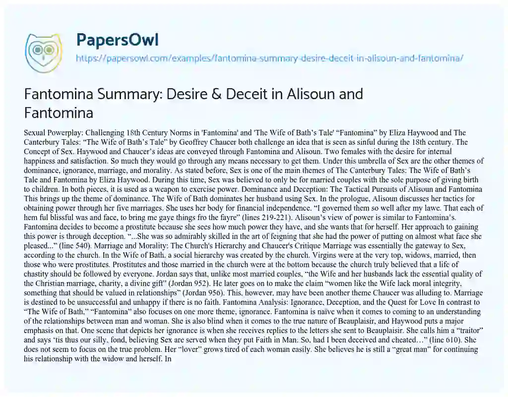 Essay on Fantomina Summary: Desire & Deceit in Alisoun and Fantomina