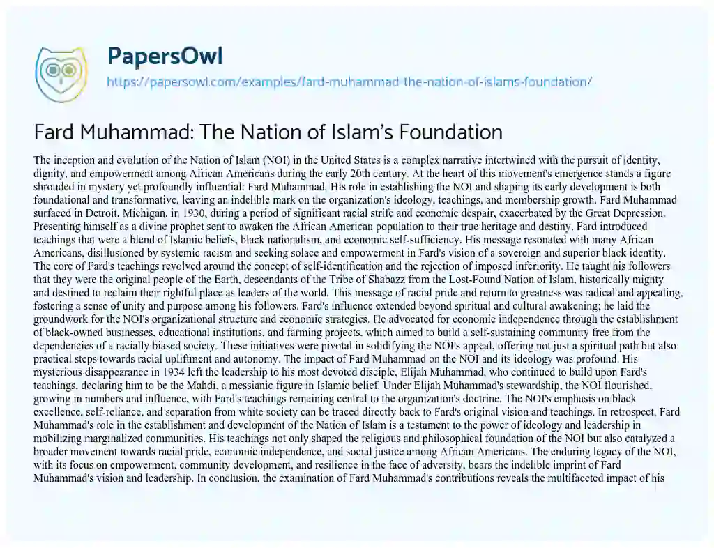 Essay on Fard Muhammad: the Nation of Islam’s Foundation