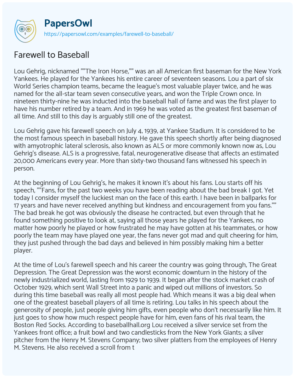 Essay on Farewell to Baseball