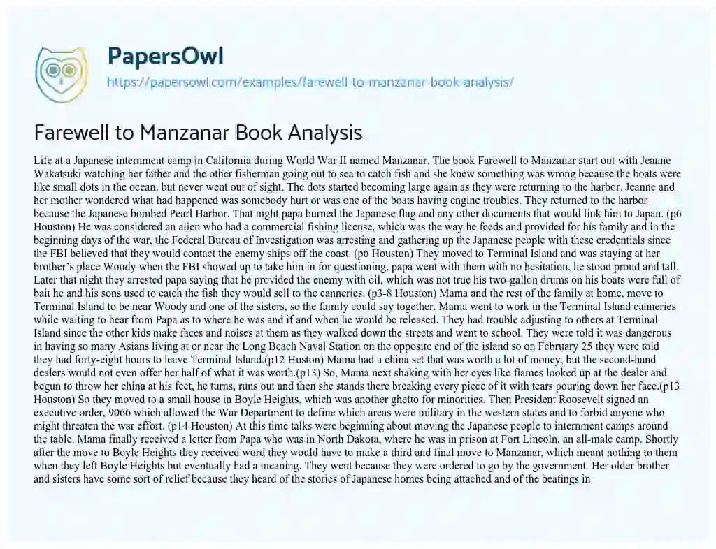 Farewell to Manzanar Book Analysis essay