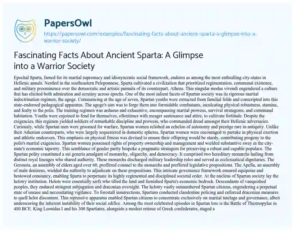Essay on Fascinating Facts about Ancient Sparta: a Glimpse into a Warrior Society