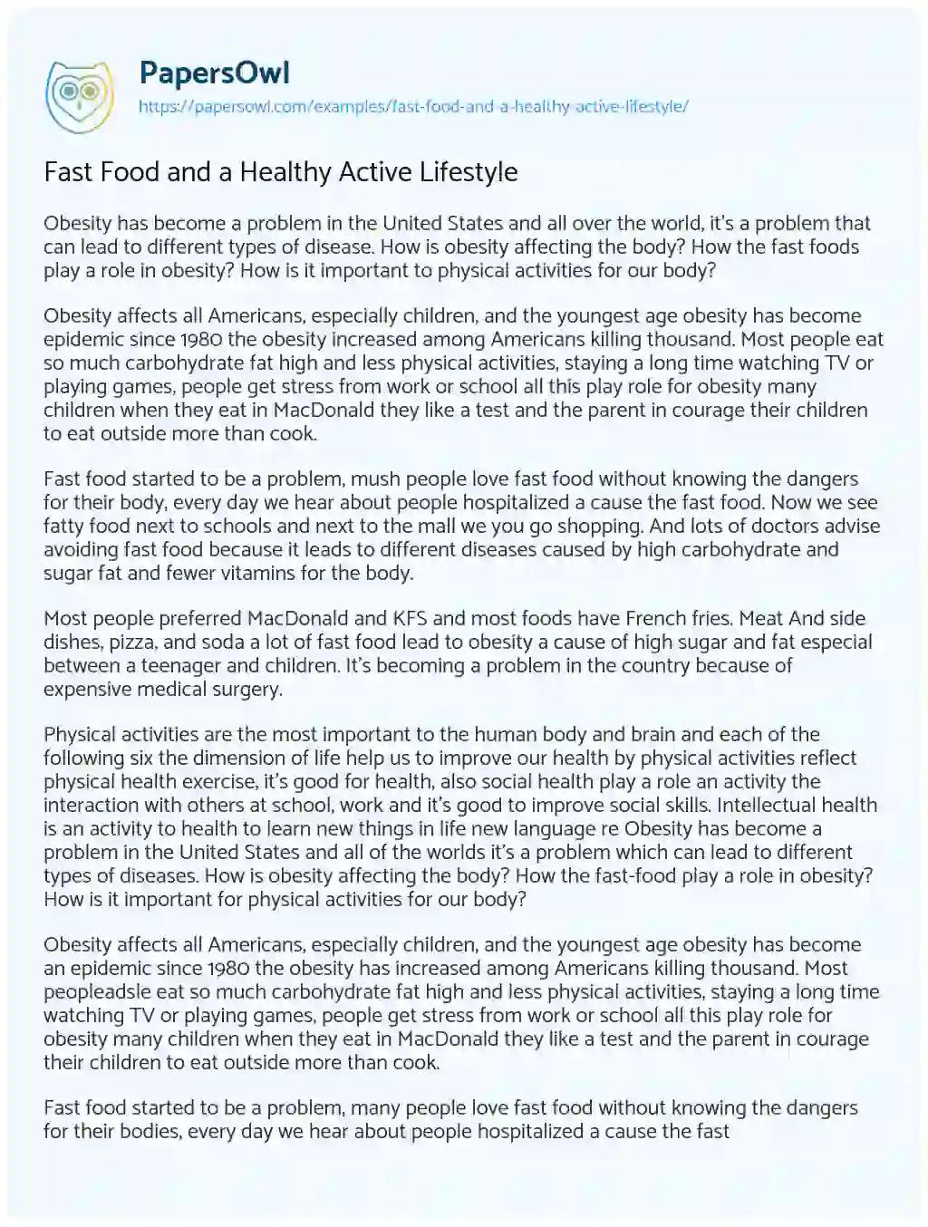 Essay on Fast Food and a Healthy Active Lifestyle