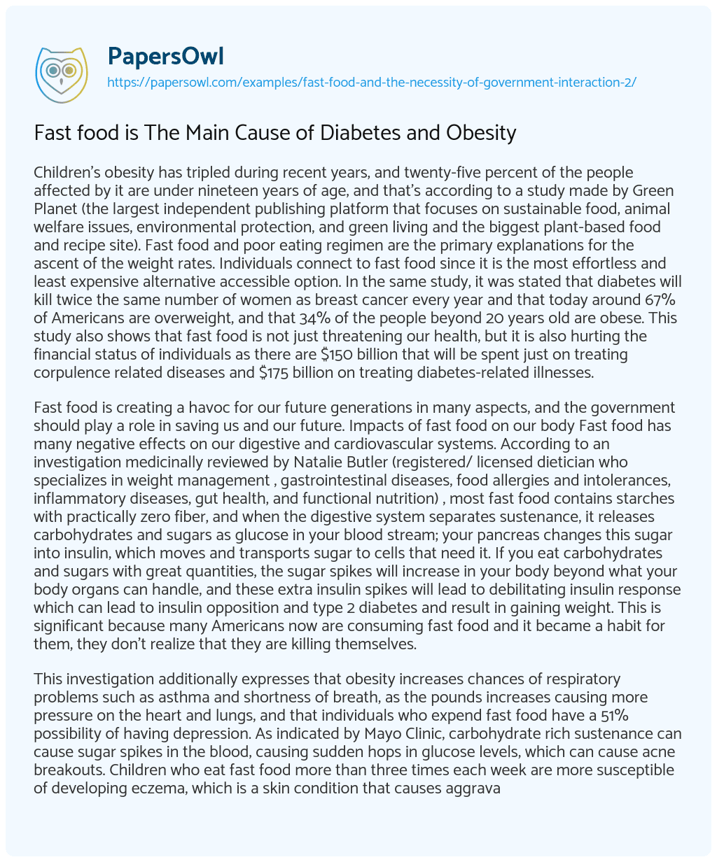 Essay on Fast Food is the Main Cause of Diabetes and Obesity