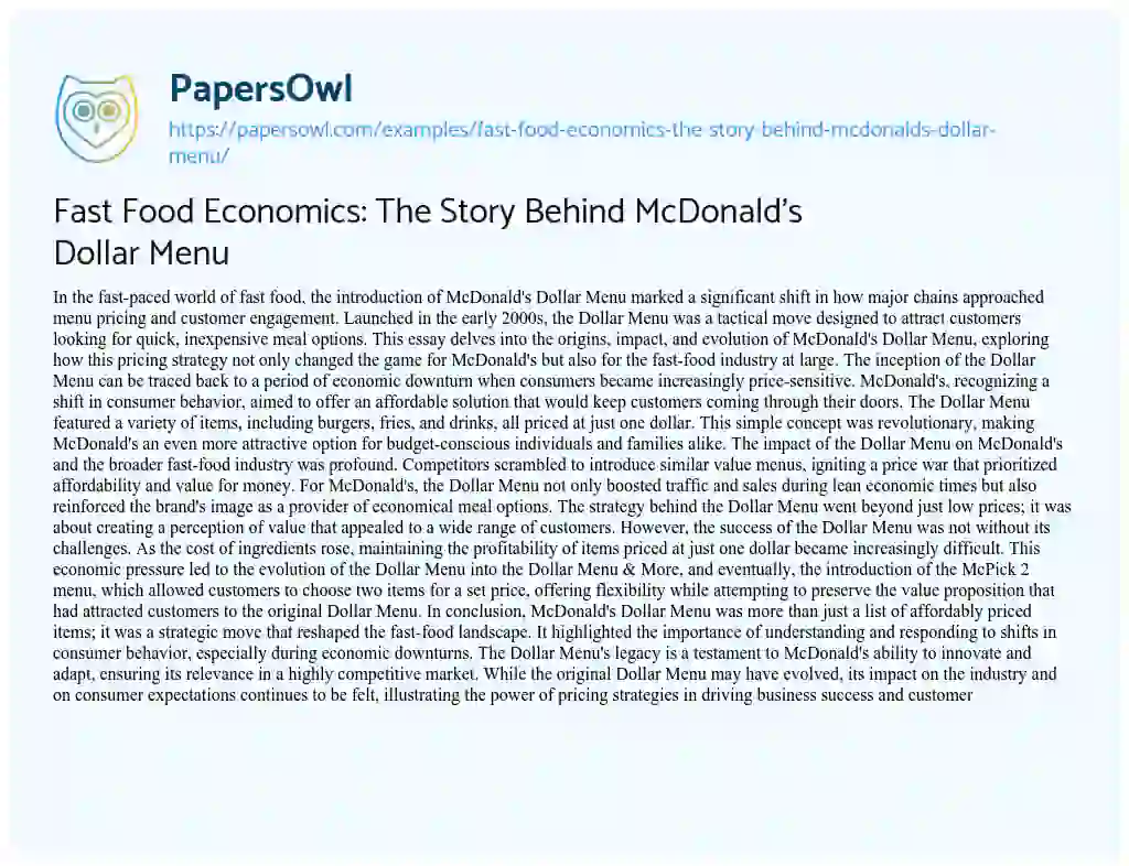 Essay on Fast Food Economics: the Story Behind McDonald’s Dollar Menu