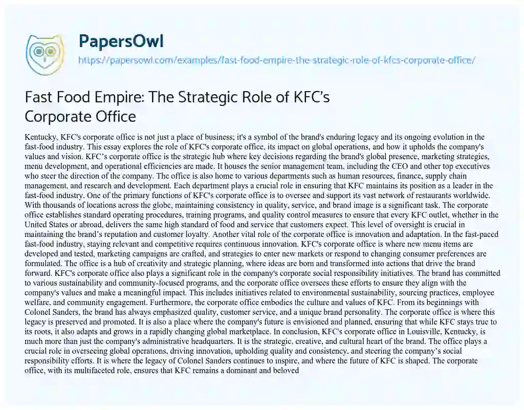 Essay on Fast Food Empire: the Strategic Role of KFC’s Corporate Office