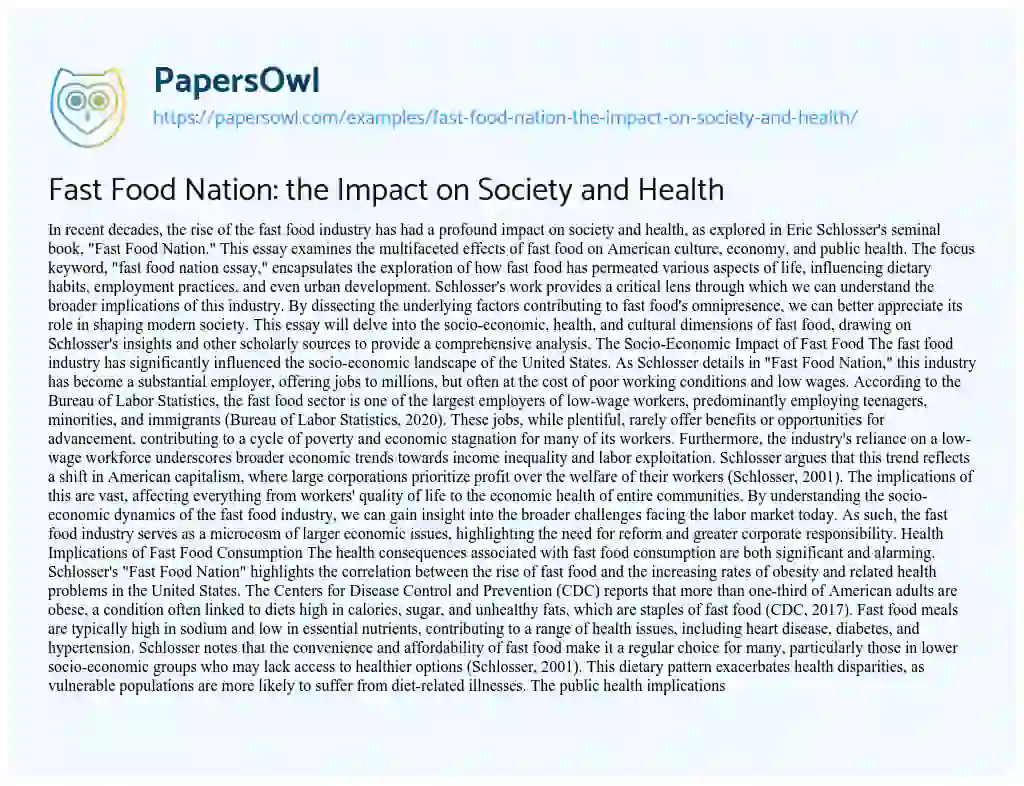 Essay on Fast Food Nation: the Impact on Society and Health