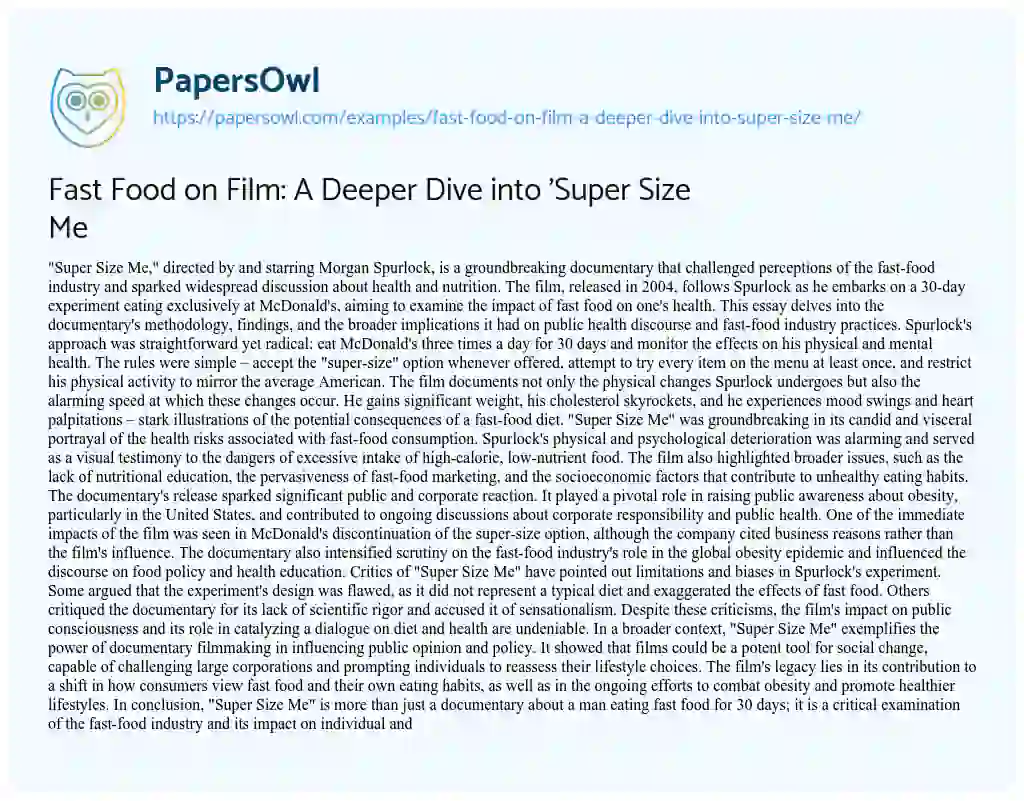 Essay on Fast Food on Film: a Deeper Dive into ‘Super Size me