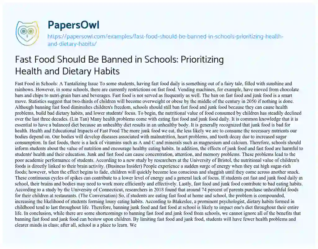 Essay on Fast Food should be Banned in Schools: Prioritizing Health and Dietary Habits