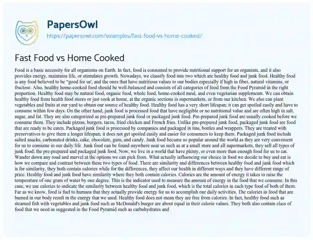 Essay on Fast Food Vs Home Cooked