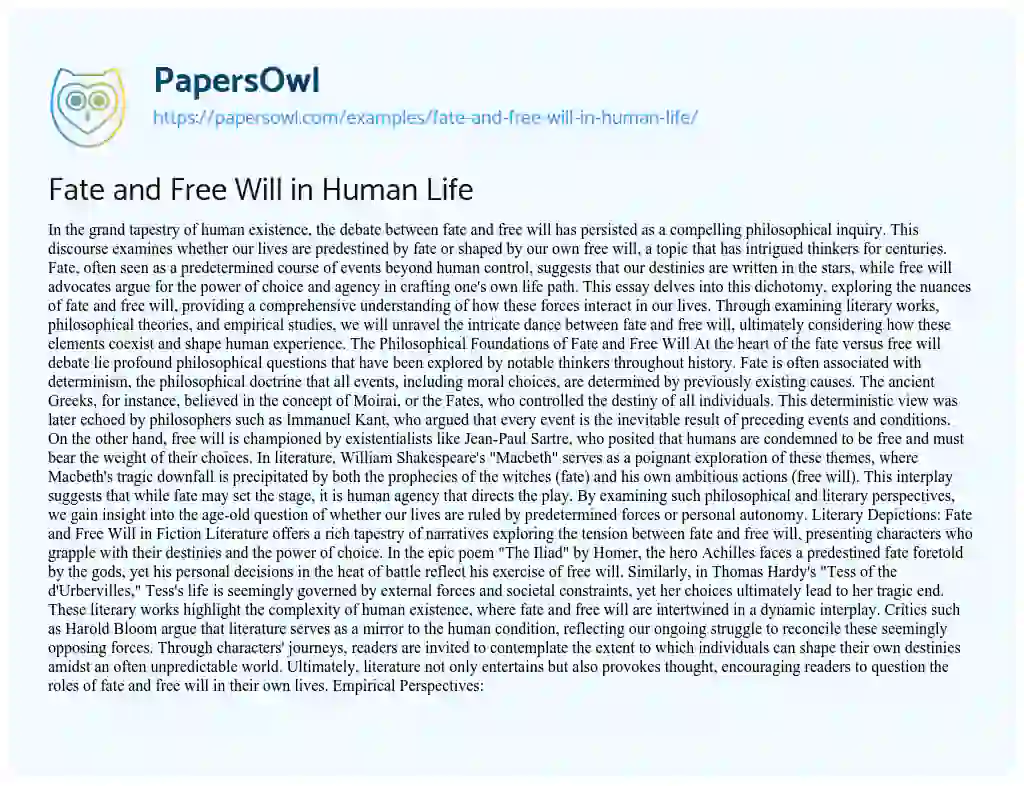 Essay on Fate and Free Will in Human Life