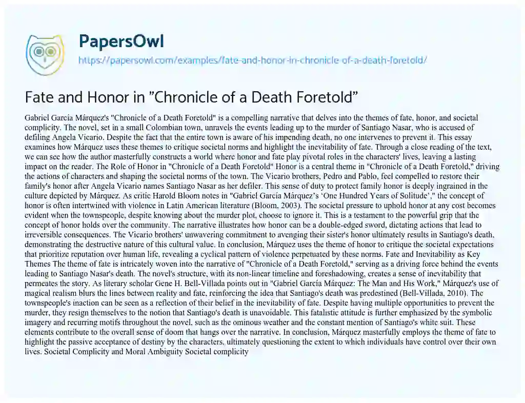 Essay on Fate and Honor in “Chronicle of a Death Foretold”