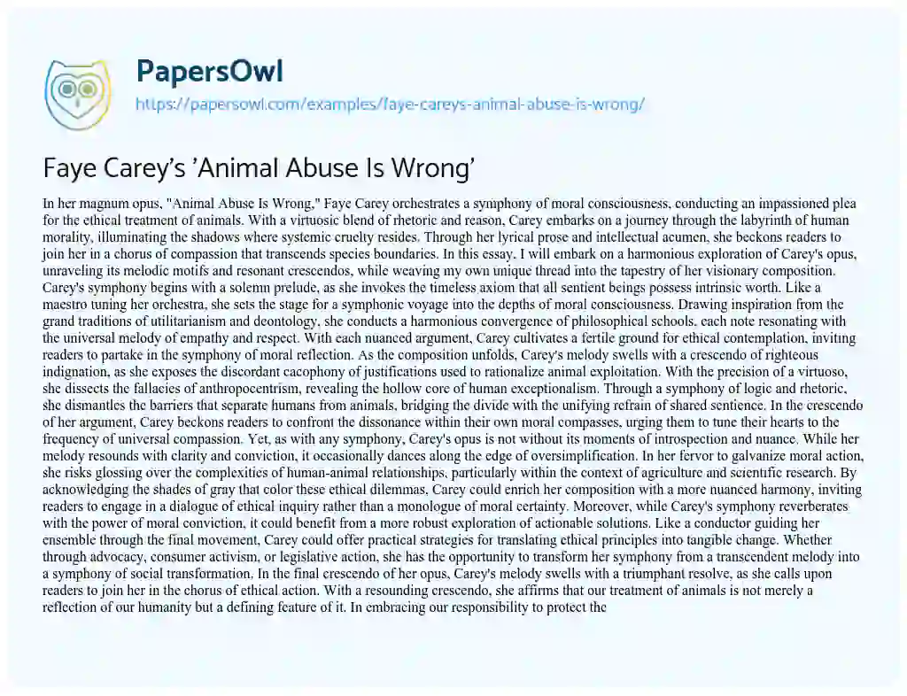Essay on Faye Carey’s ‘Animal Abuse is Wrong’