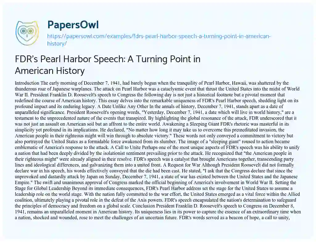 Essay on FDR’s Pearl Harbor Speech: a Turning Point in American History
