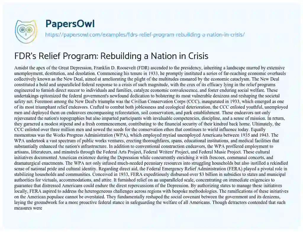 Essay on FDR’s Relief Program: Rebuilding a Nation in Crisis