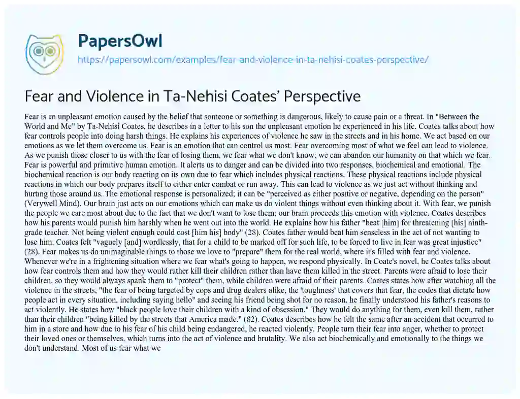 Essay on Fear and Violence in Ta-Nehisi Coates’ Perspective