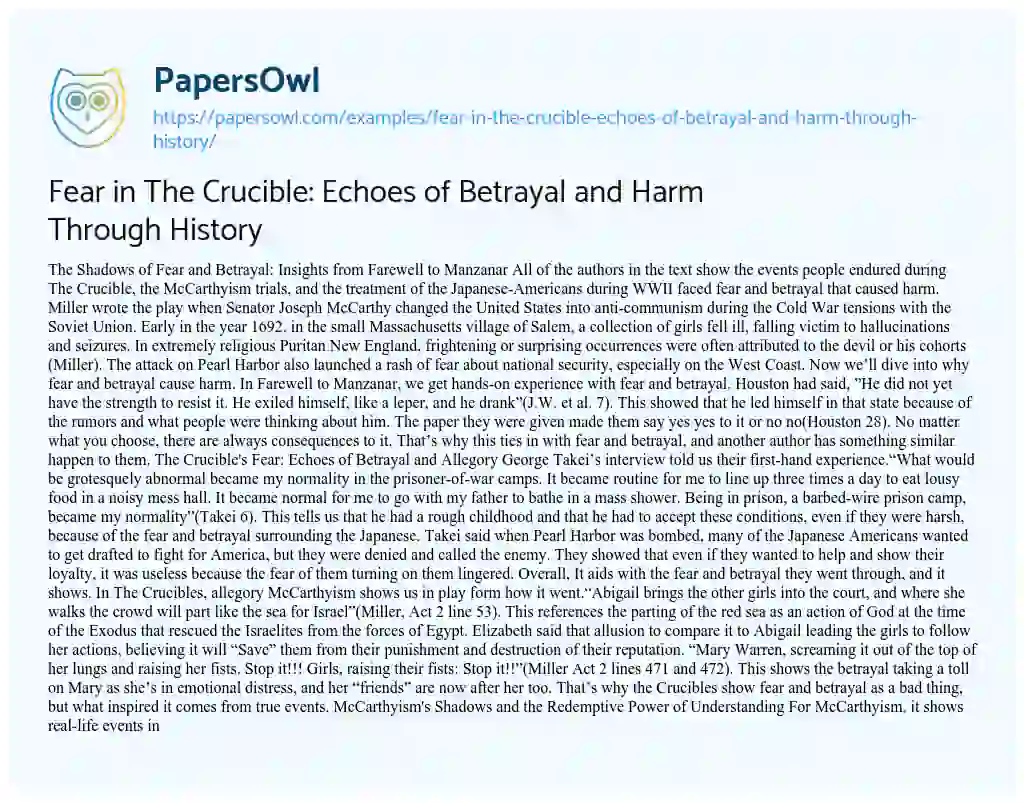 Essay on Fear in the Crucible: Echoes of Betrayal and Harm through History