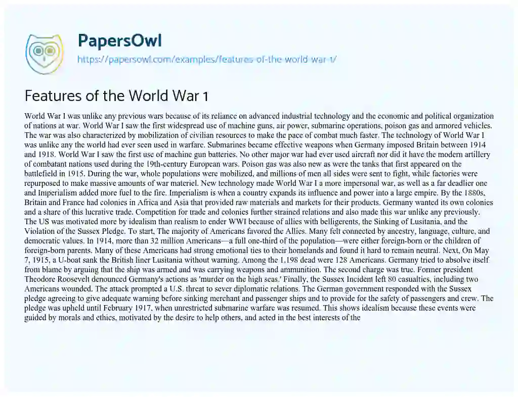Essay on Features of the World War 1