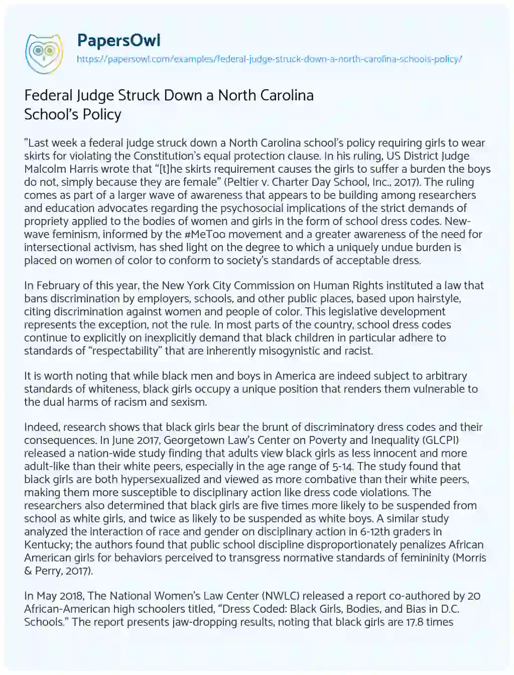Essay on Federal Judge Struck down a North Carolina School’s Policy
