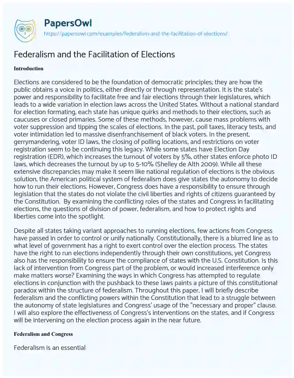 Essay on Federalism and the Facilitation of Elections