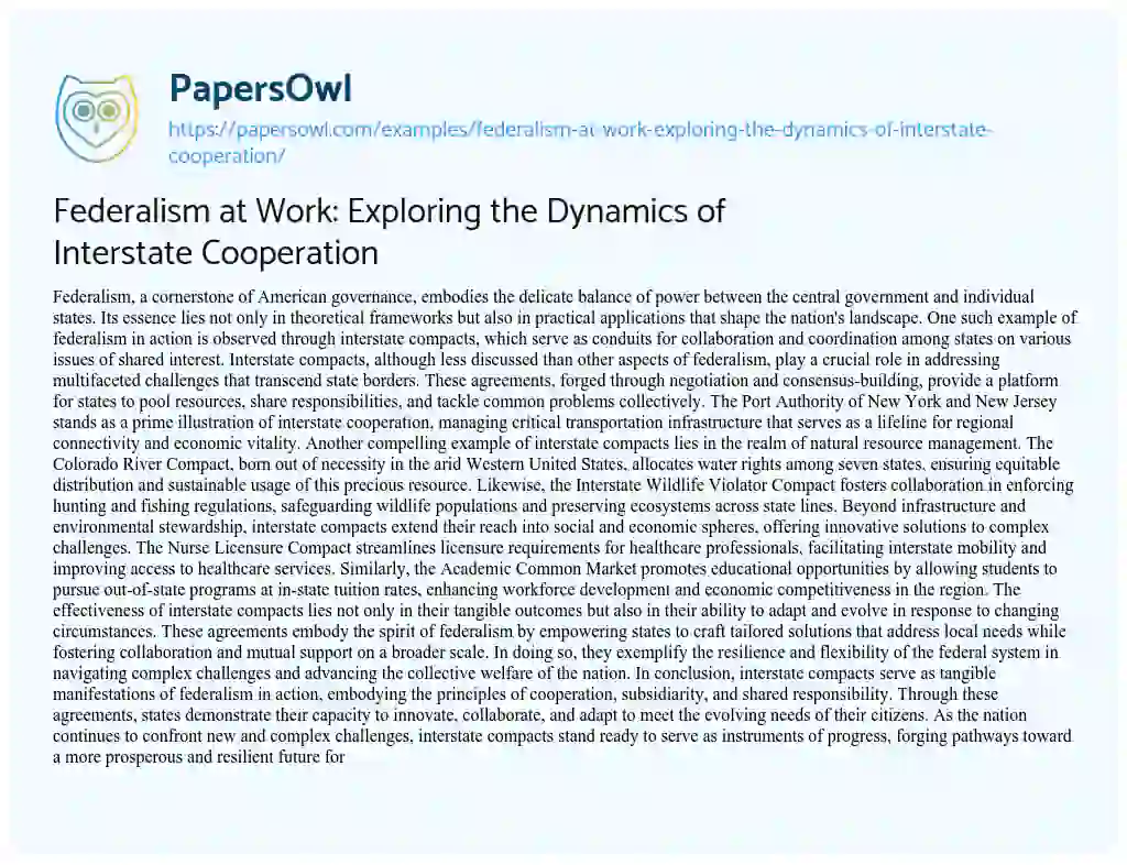 Essay on Federalism at Work: Exploring the Dynamics of Interstate Cooperation