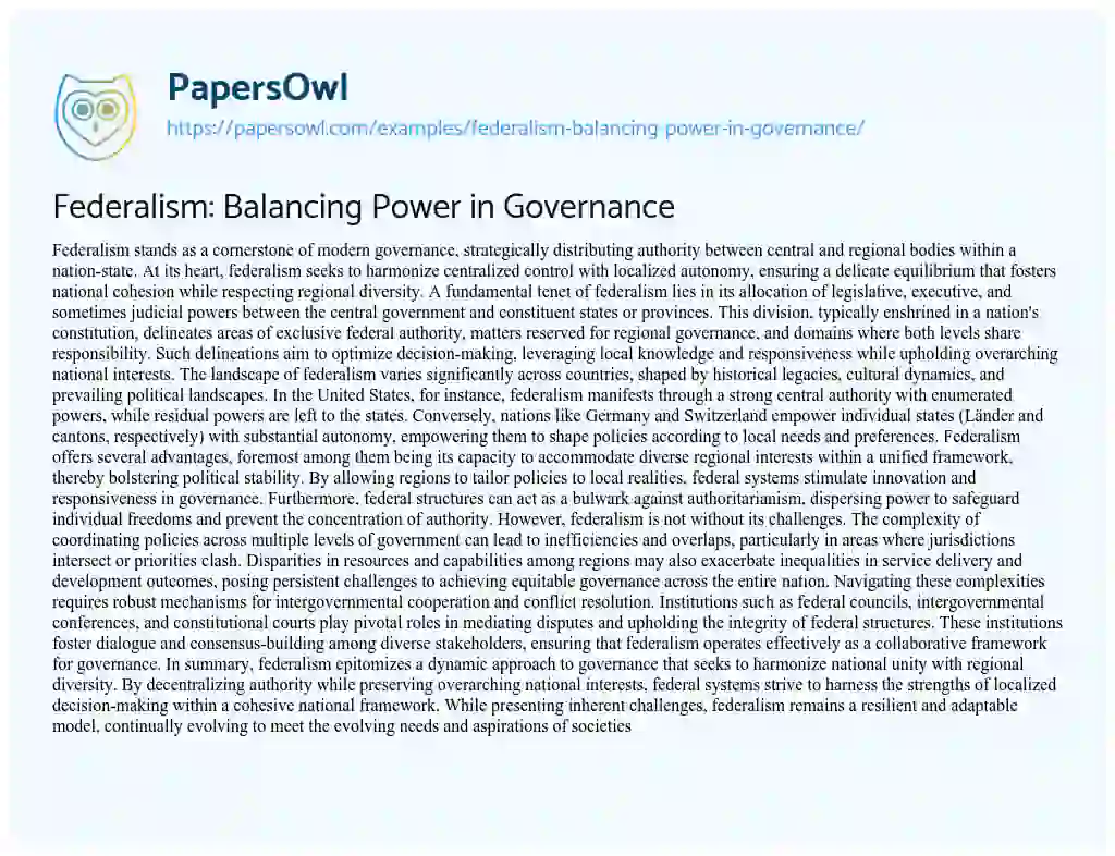 Essay on Federalism: Balancing Power in Governance