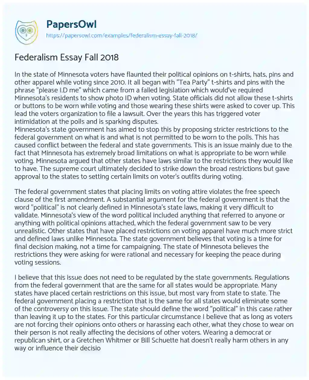 Essay on Federalism Essay Fall 2018